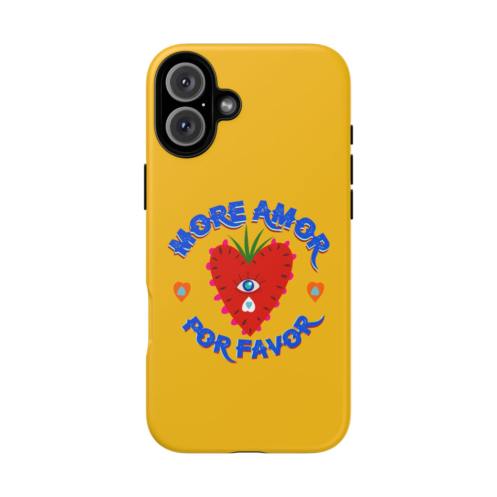 Phone Case — "More Amor Por Favor" Heart Design, Bright Yellow Protective Cover