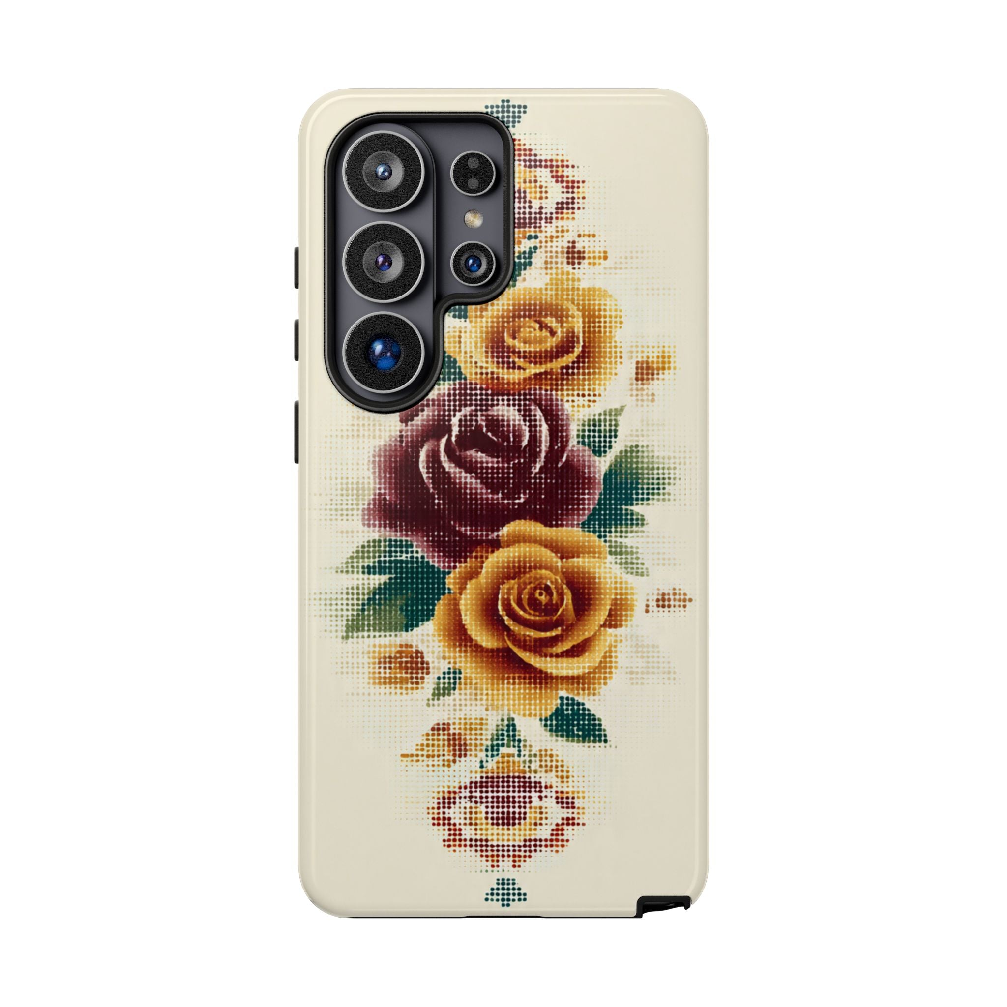 Floral Cross-Stitch Phone Case – Vintage Rose Protective Cover