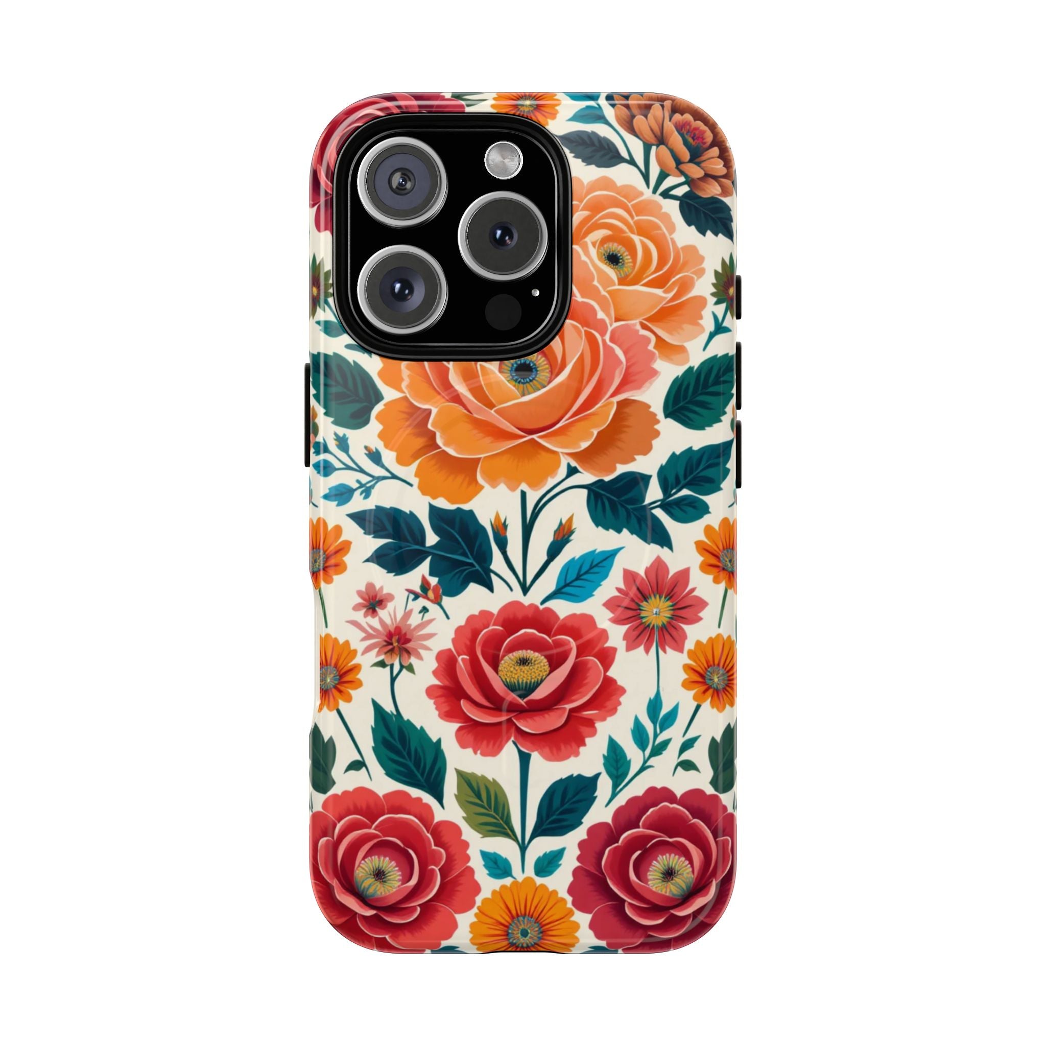 Floral Rose Tough Magnetic Phone Case — Vintage Orange & Red Garden Design