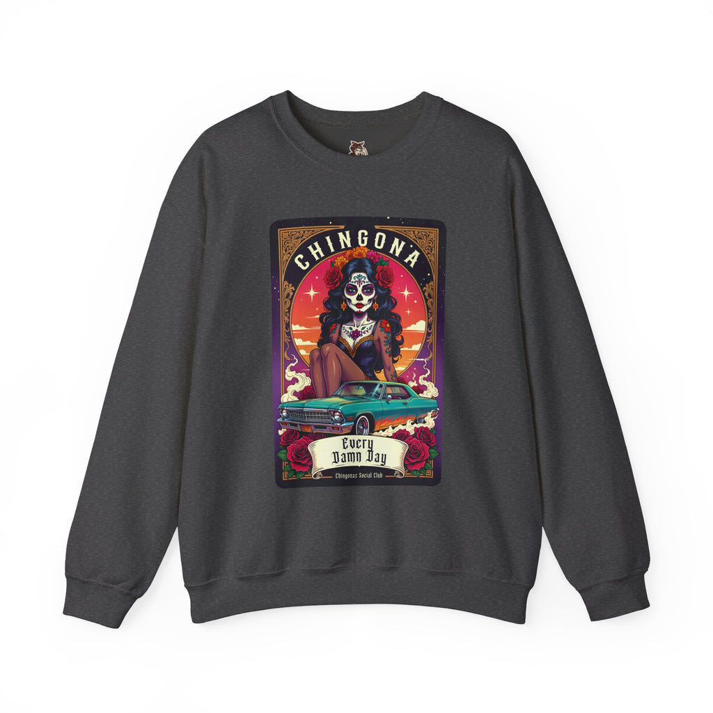 Sweatshirt — "Chingona" Sugar Skull Car Art Crewneck, Dia de los Muertos Retro Graphic