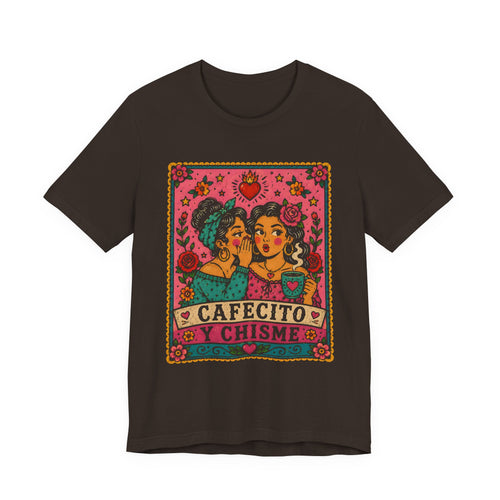 Cafecito y Chisme retro gossip tee black - Latina coffee friendship graphic shirt