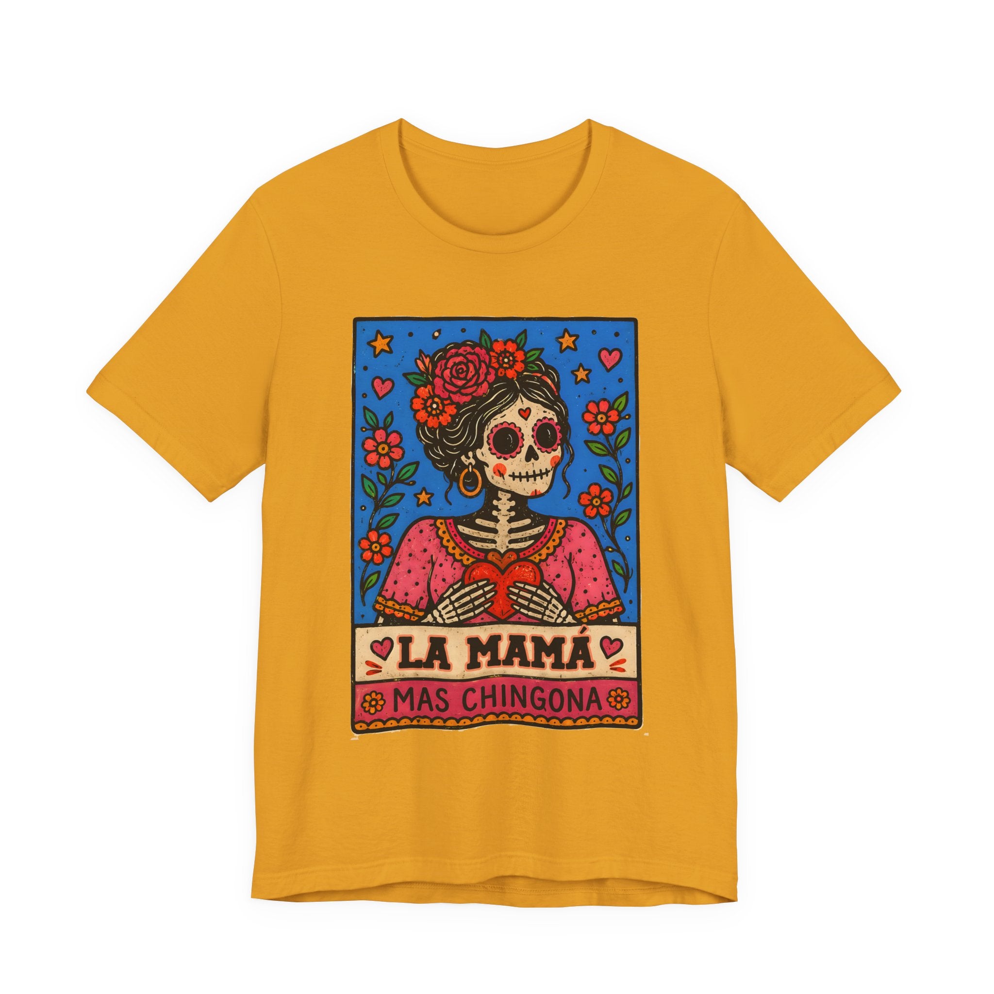 La Mama Mas Chingona brown tee - Dia de Muertos calavera rose crown Latina pride shirt