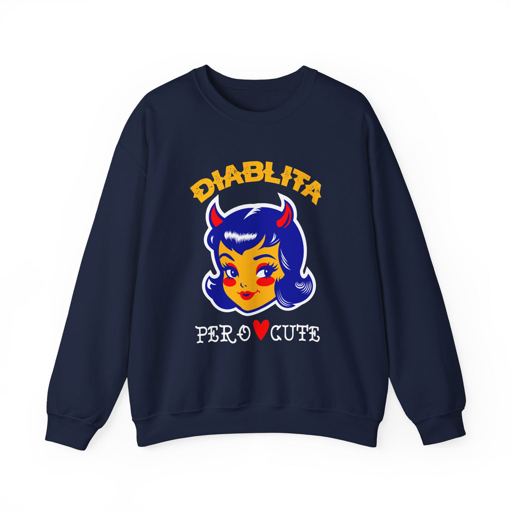 Crewneck Sweatshirt — “Diablita Pero Cute” Retro Devil Girl Graphic