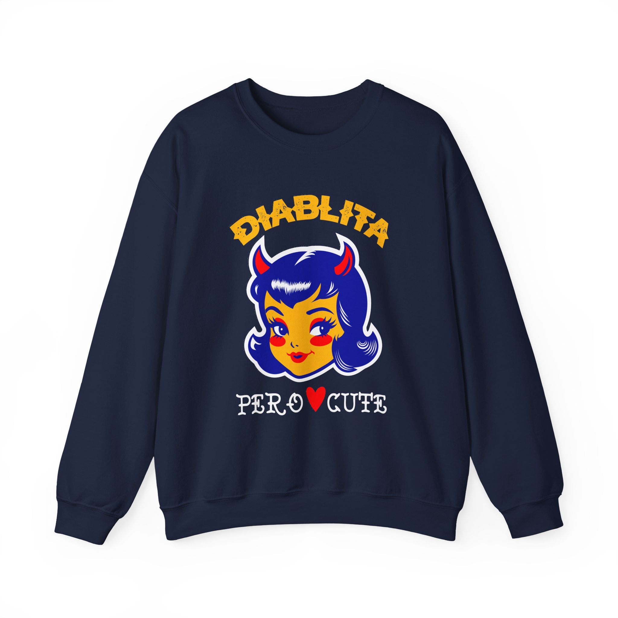 Crewneck Sweatshirt — “Diablita Pero Cute” Retro Devil Girl Graphic