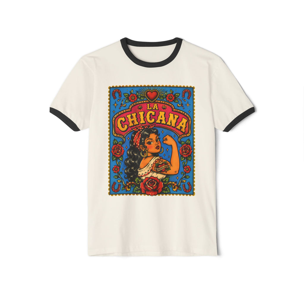 La Chicana Ringer Tee — Retro Mexican Pride Graphic T-Shirt