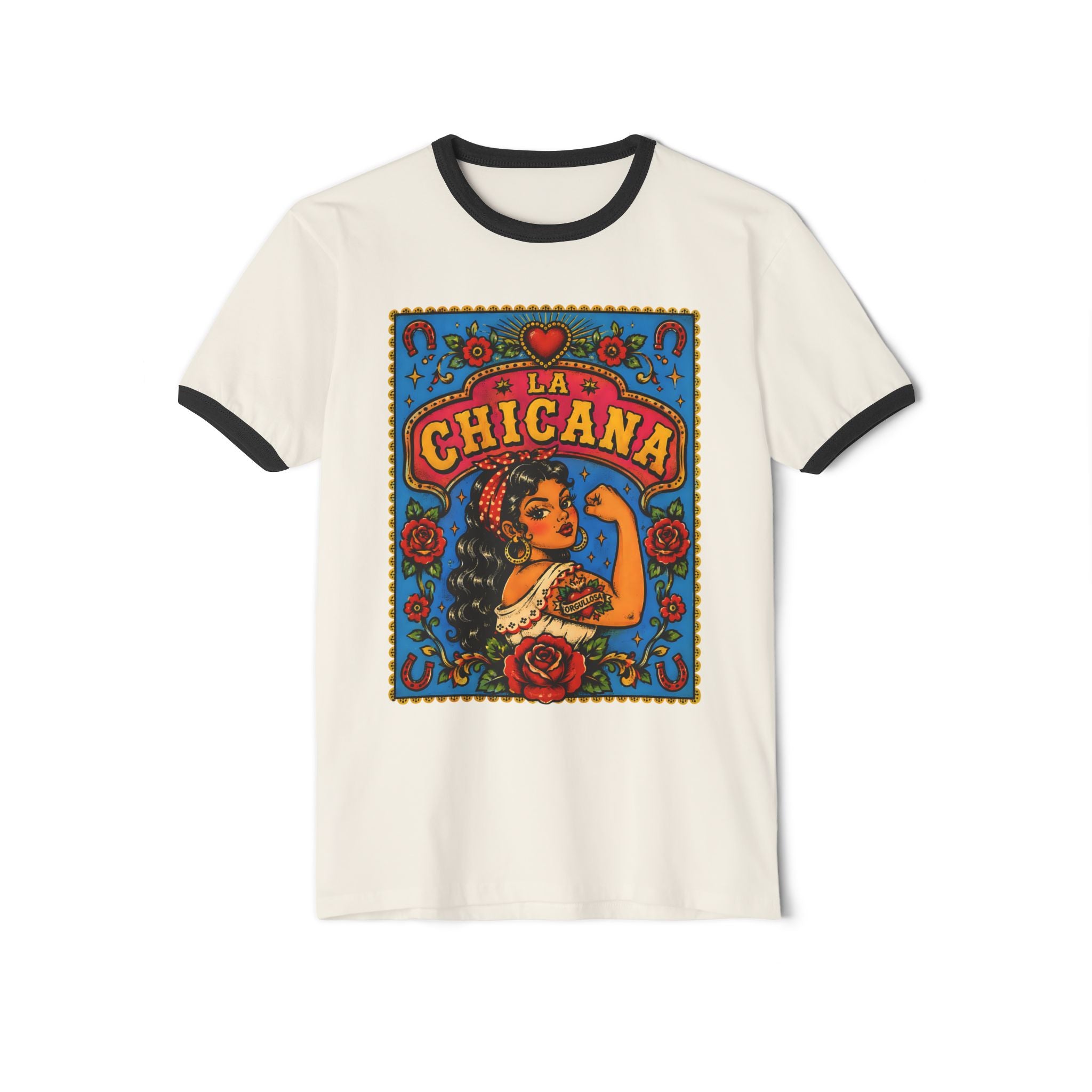 La Chicana Ringer Tee — Retro Mexican Pride Graphic T-Shirt