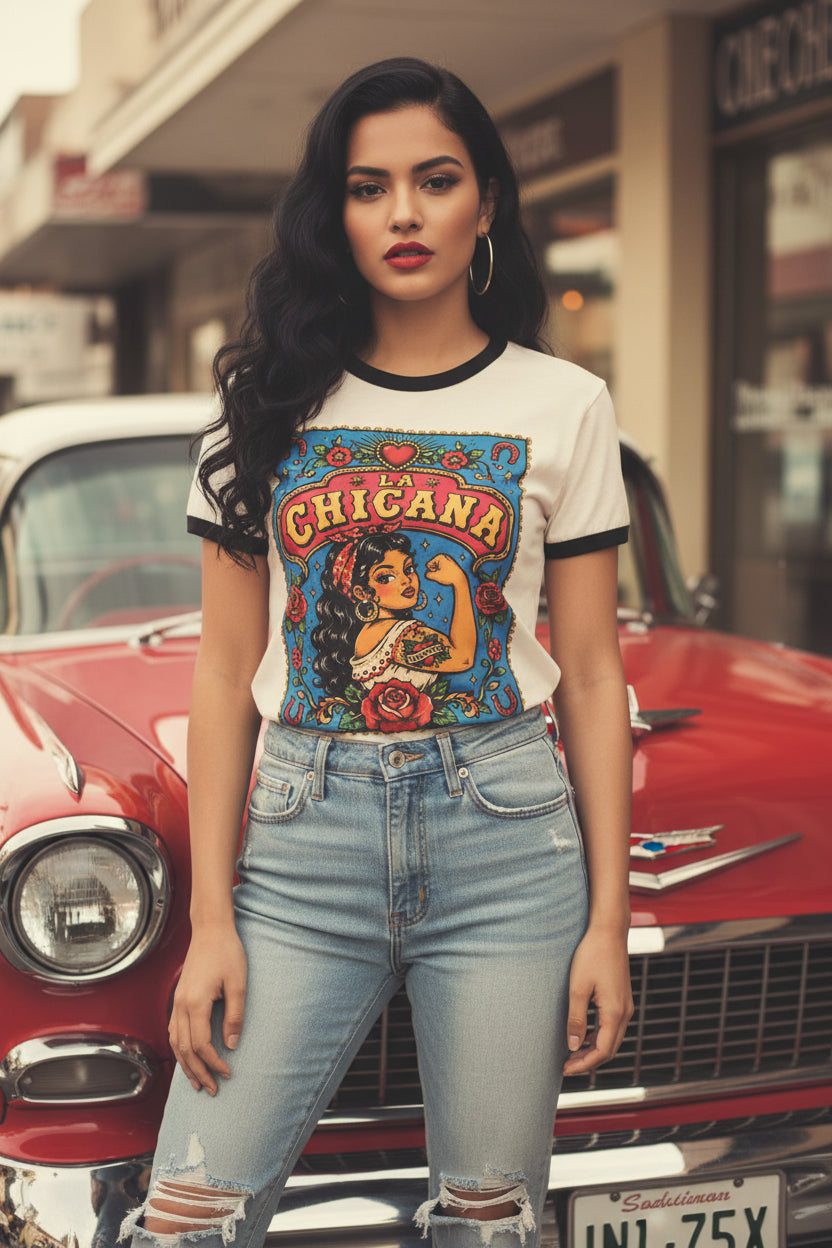 La Chicana Ringer T-Shirt | Retro Rose Heart Mexican Pride Latina Vintage Tee