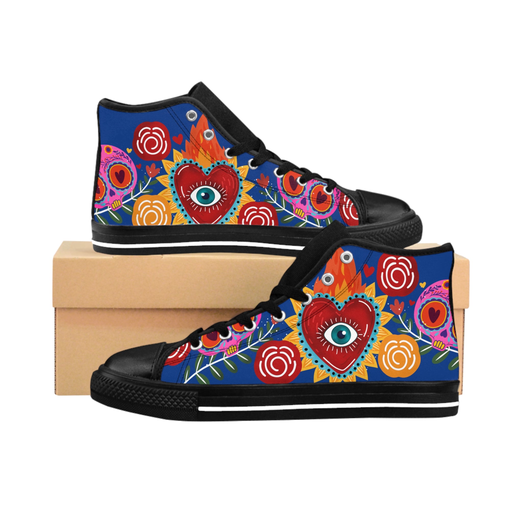 Women's Heart Eye Floral High-Top Sneakers — Colorful Folk Art Canvas Shoes