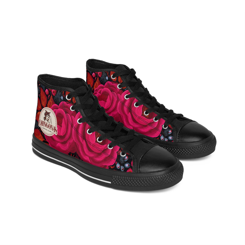 Women's High-Top Sneakers — Bold Pink Rose Floral Design