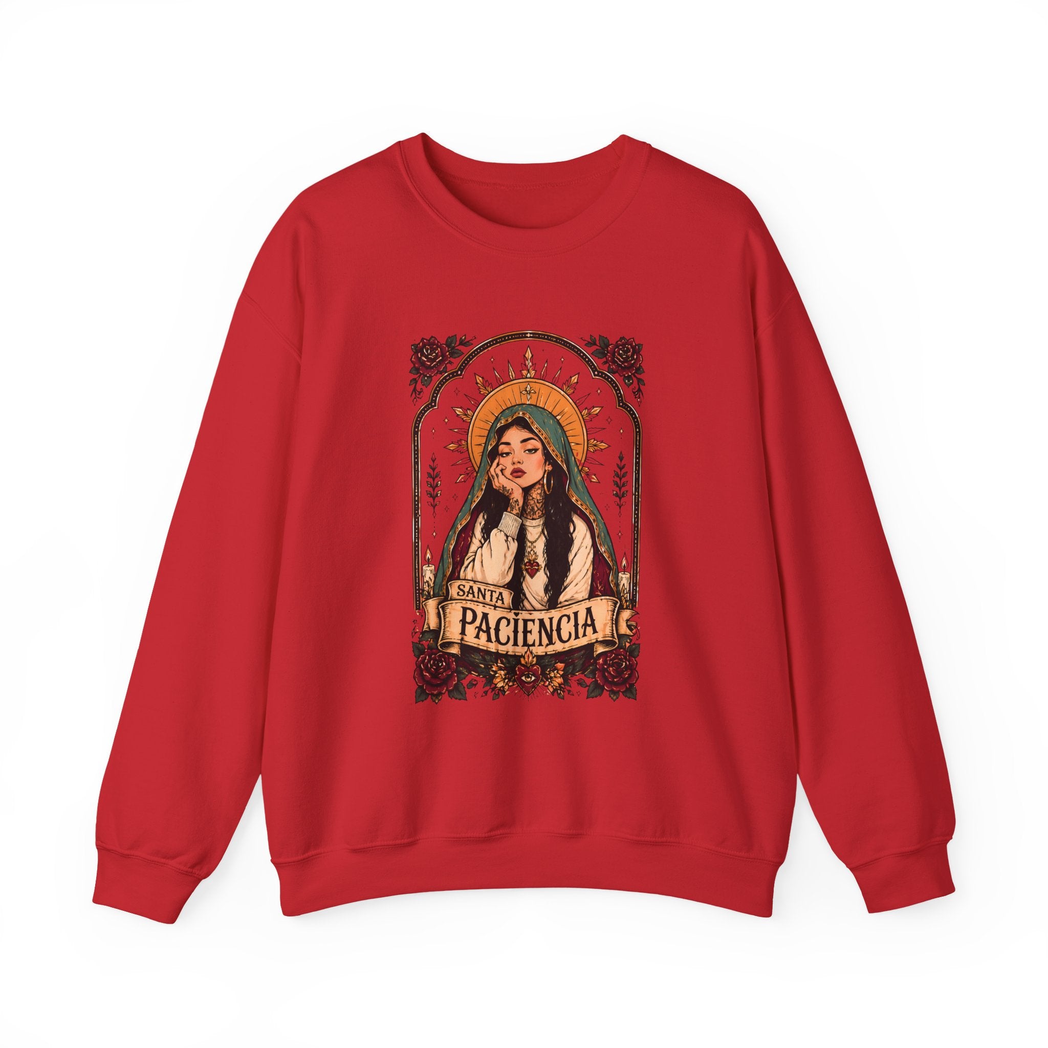 Paciencia Graphic Sweatshirt — Retro Saint-Inspired Woman with Roses
