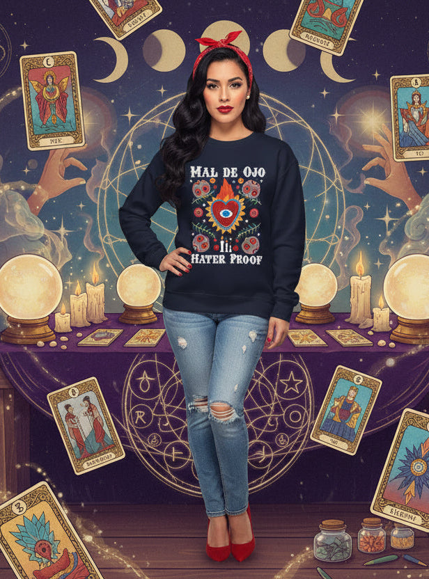 Crewneck Sweatshirt — "Mal de Ojo" Hater Proof Folk Heart Design