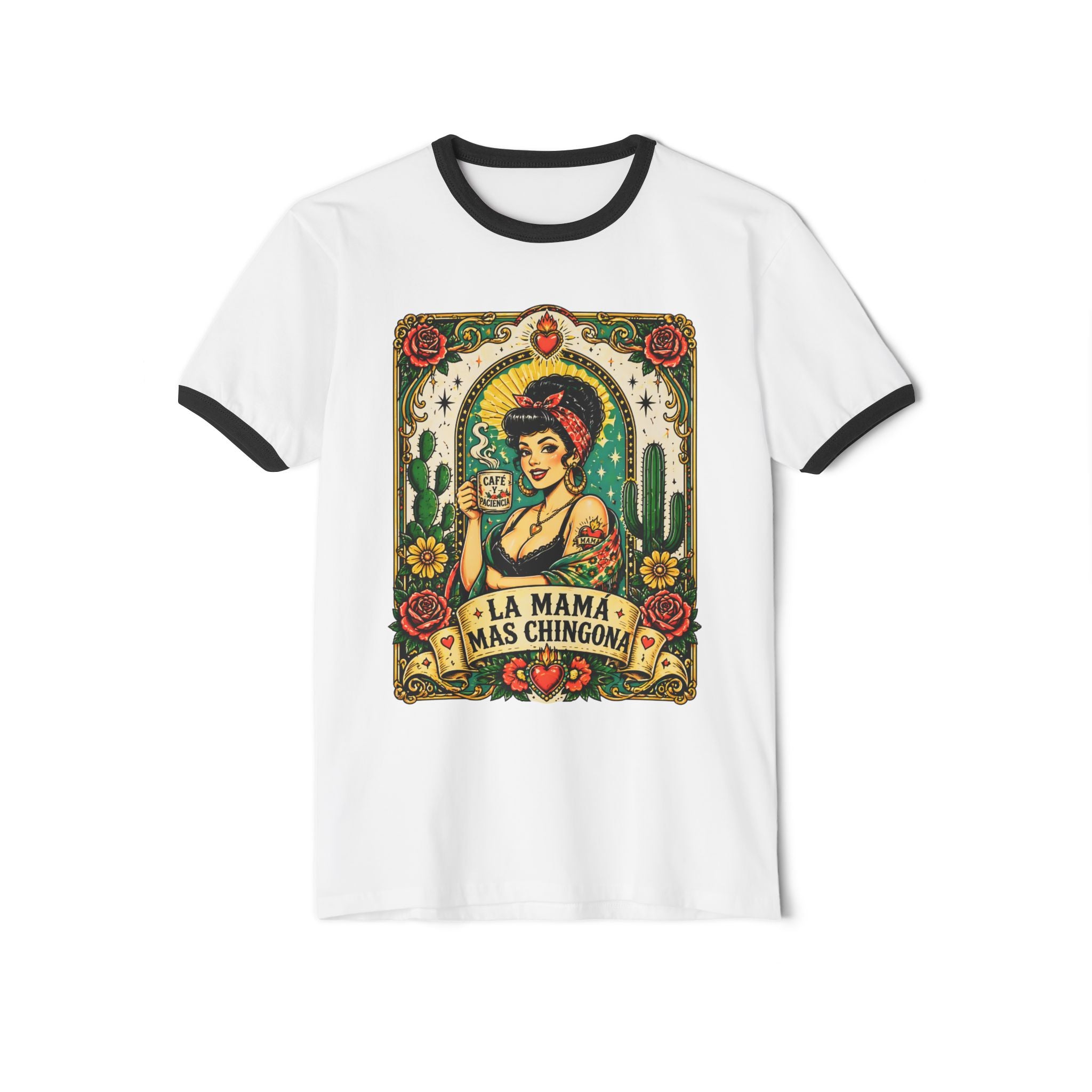 La Mama Mas Chingona white black ringer tee - retro cactus rose Latina mother gift shirt