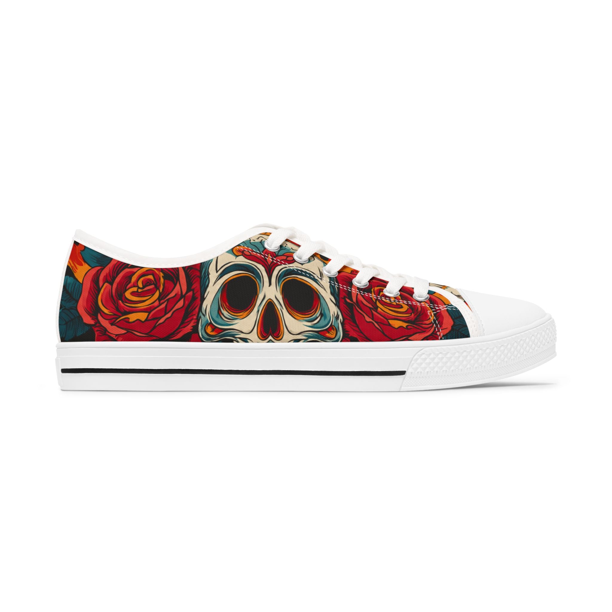 Skull & Rose Low Top Sneakers — Women's Gothic Floral Canvas Shoes