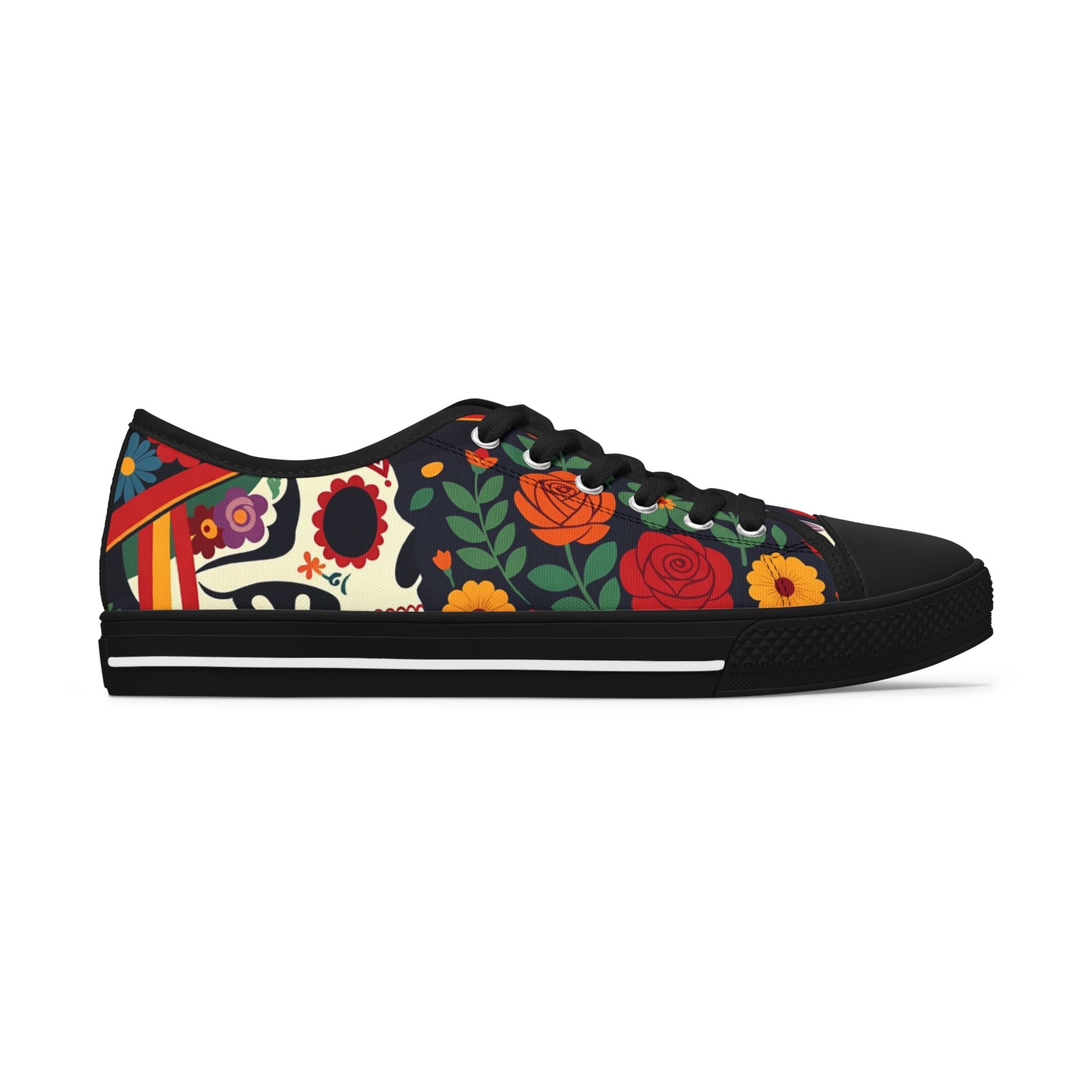 Women's Low Top Sneakers — Colorful Day of the Dead Floral Skull Design