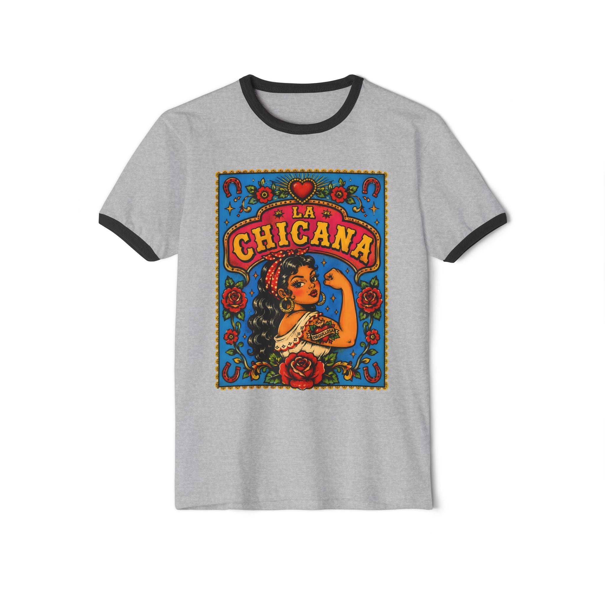 La Chicana Ringer Tee — Retro Mexican Pride Graphic T-Shirt