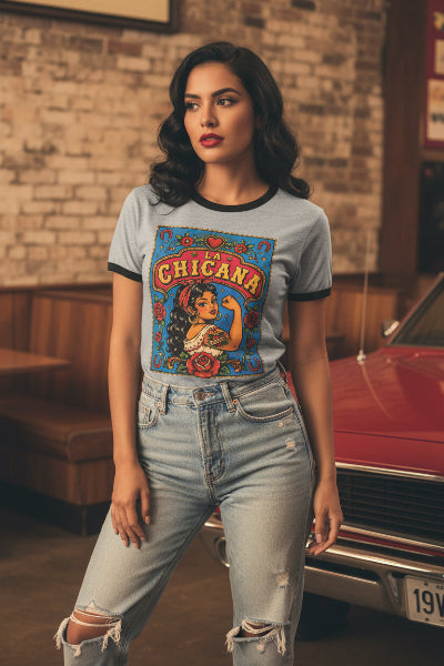 La Chicana Ringer T-Shirt | Retro Rose Heart Mexican Pride Latina Vintage Tee