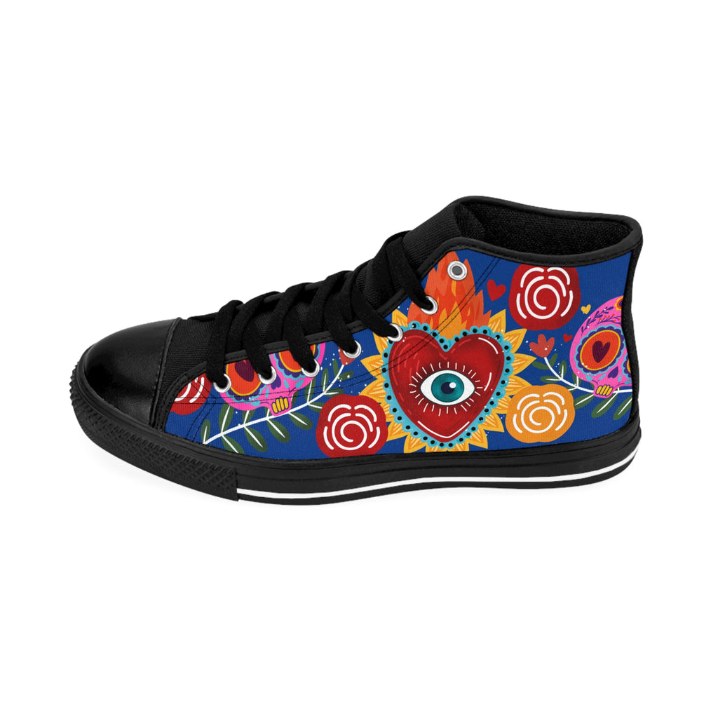 Women's Heart Eye Floral High-Top Sneakers — Colorful Folk Art Canvas Shoes