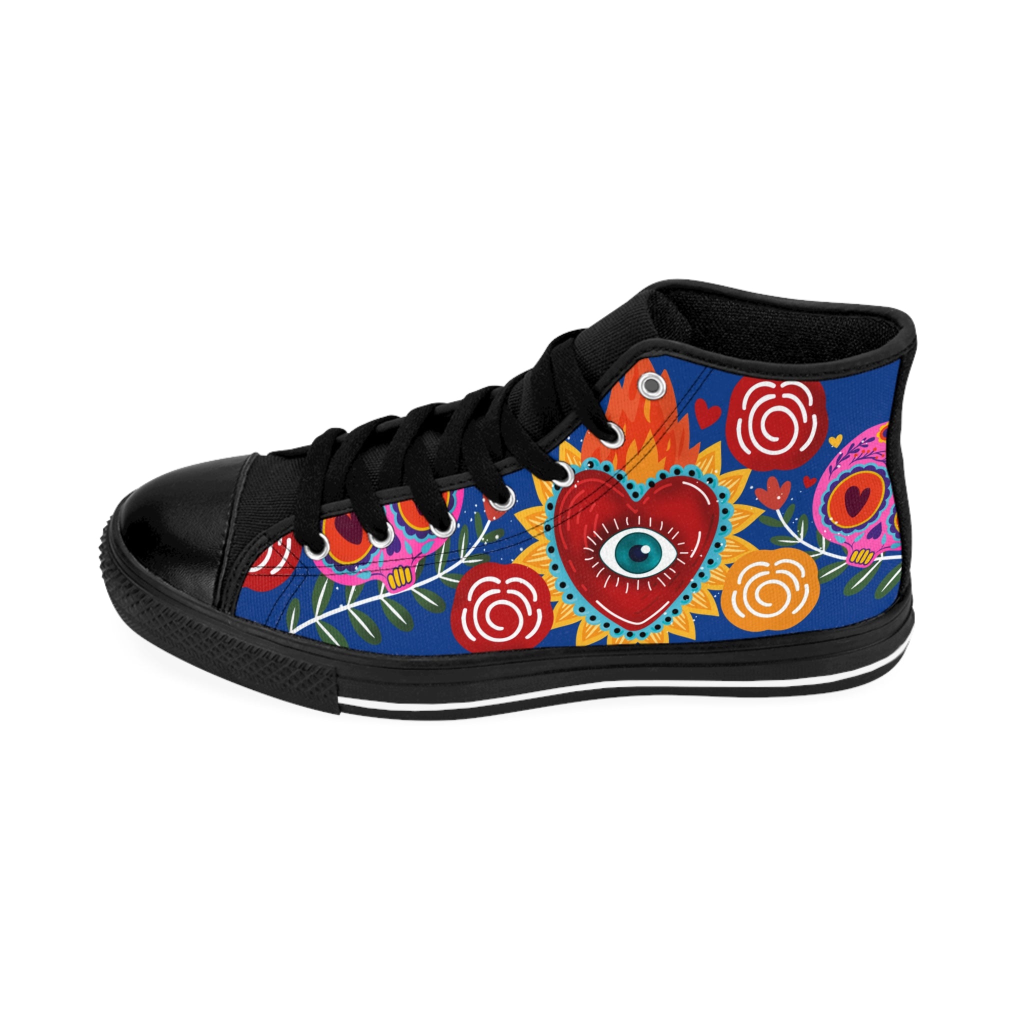 Women's Heart Eye Floral High-Top Sneakers — Colorful Folk Art Canvas Shoes