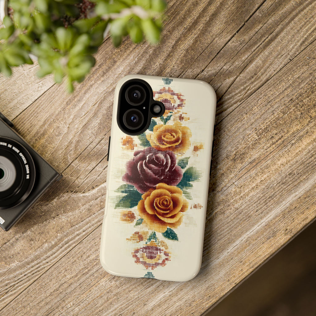 Floral Cross-Stitch Phone Case – Vintage Rose Protective Cover