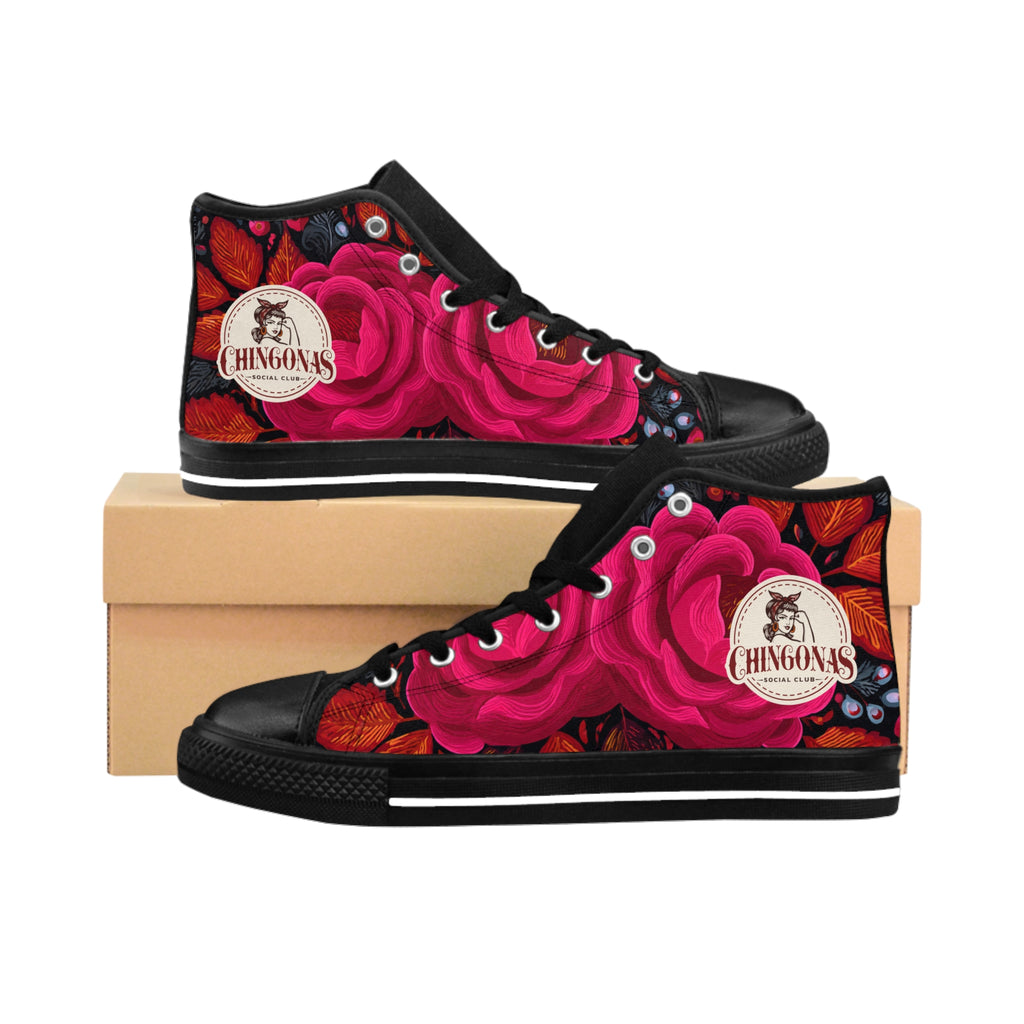 Women's High-Top Sneakers — Bold Pink Rose Floral Design