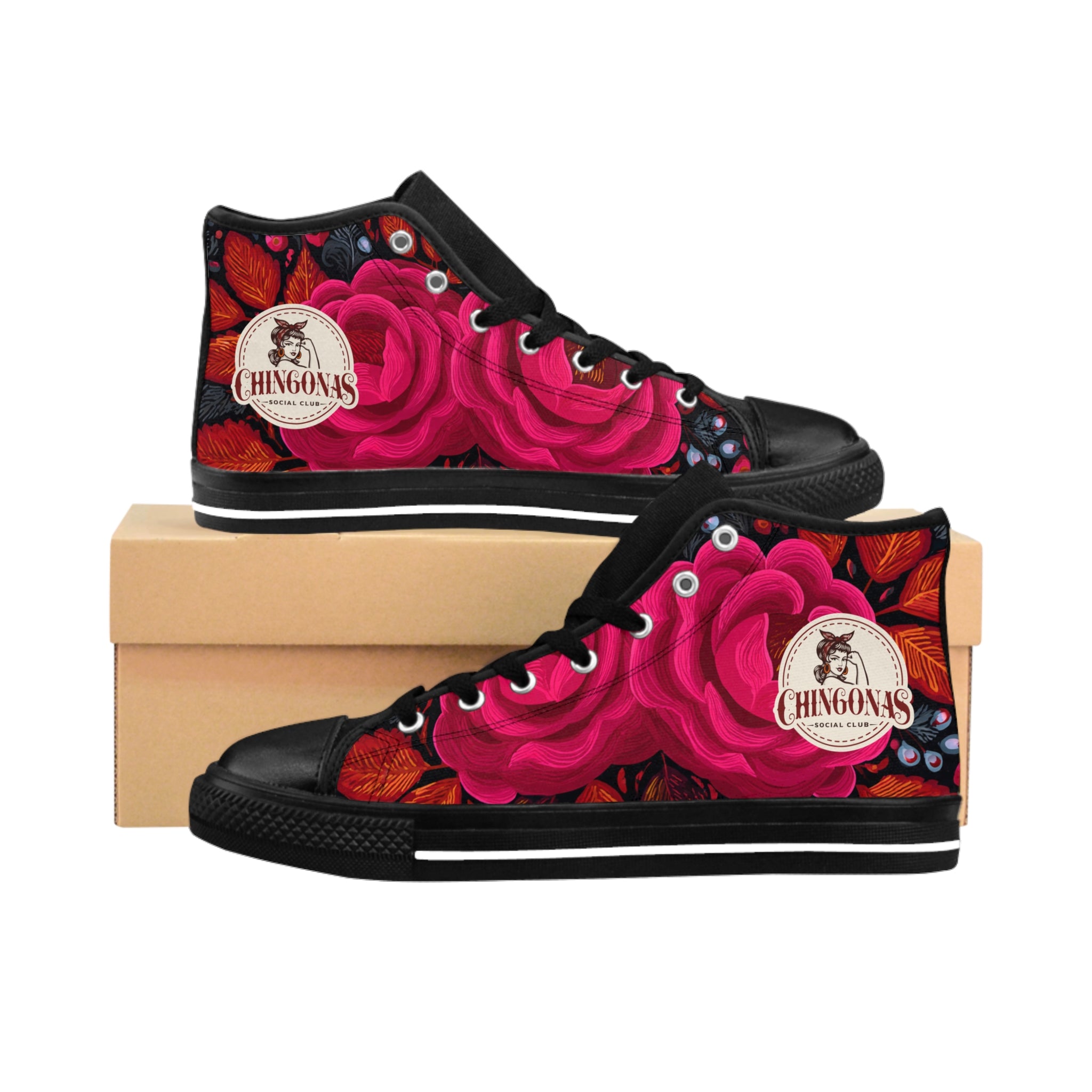 Women's High-Top Sneakers — Bold Pink Rose Floral Design