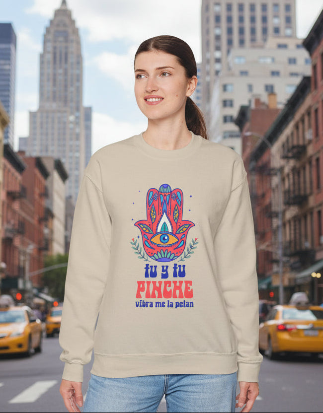 Hamsa Eye Sweatshirt – "Tu y tu Pinche vibra me la pelan" Graphic Crewneck