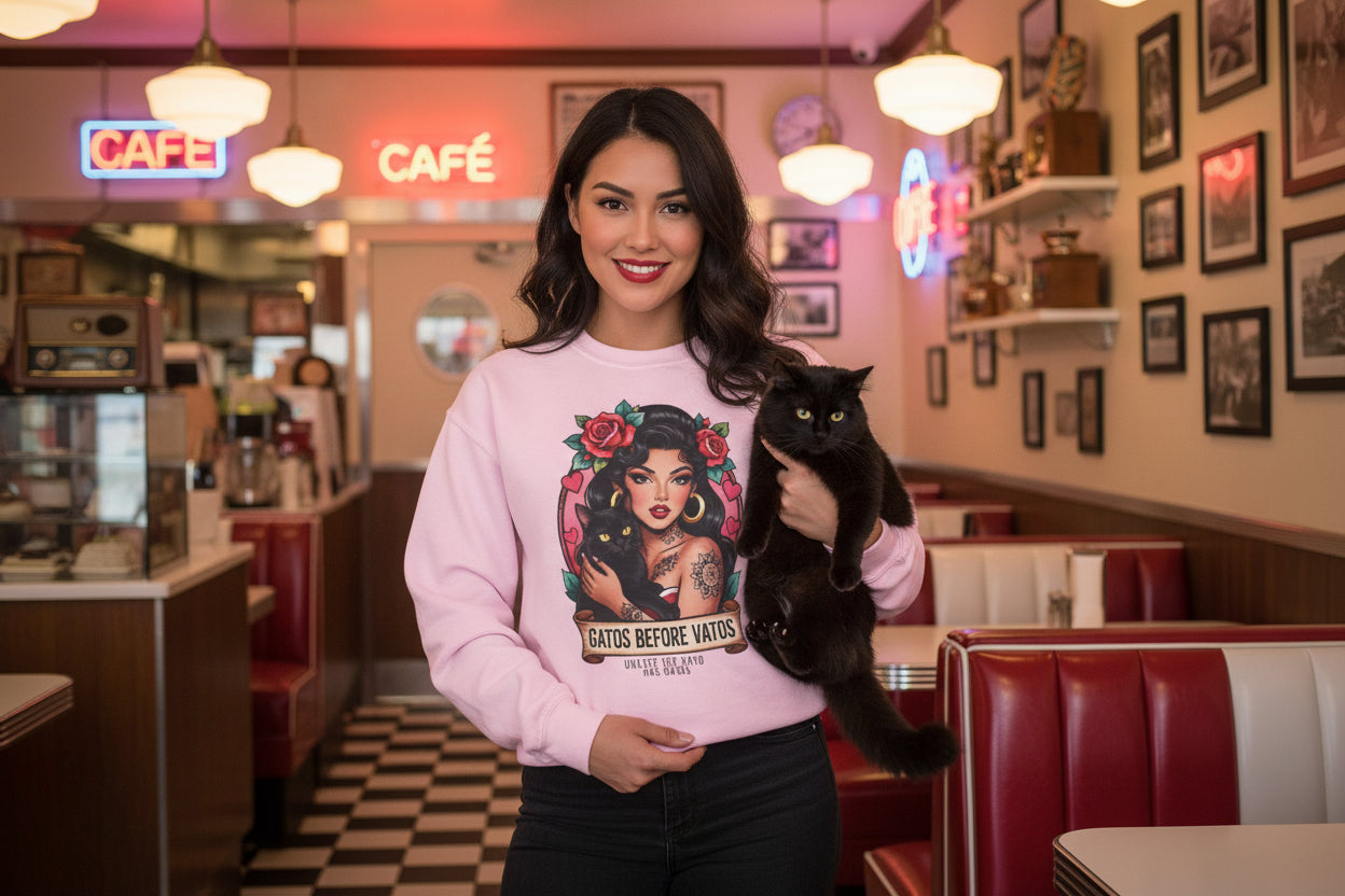 Crewneck Sweatshirt — "Gatos Before Vatos" Chicana Pinup Graphic