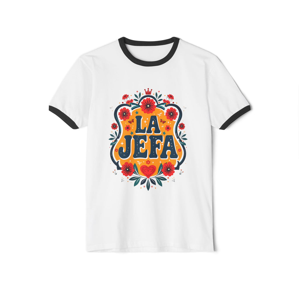 La Jefa Floral Ringer T-Shirt — Retro Hispanic Pride Tee