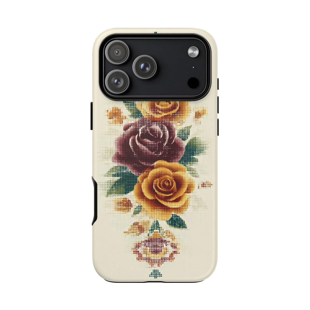 Floral Cross-Stitch Phone Case – Vintage Rose Protective Cover
