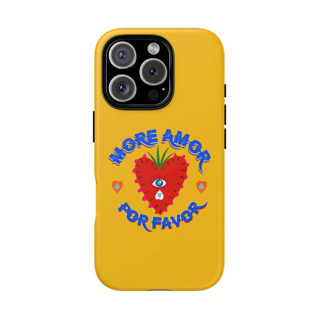 Phone Case — "More Amor Por Favor" Heart Design, Bright Yellow Protective Cover