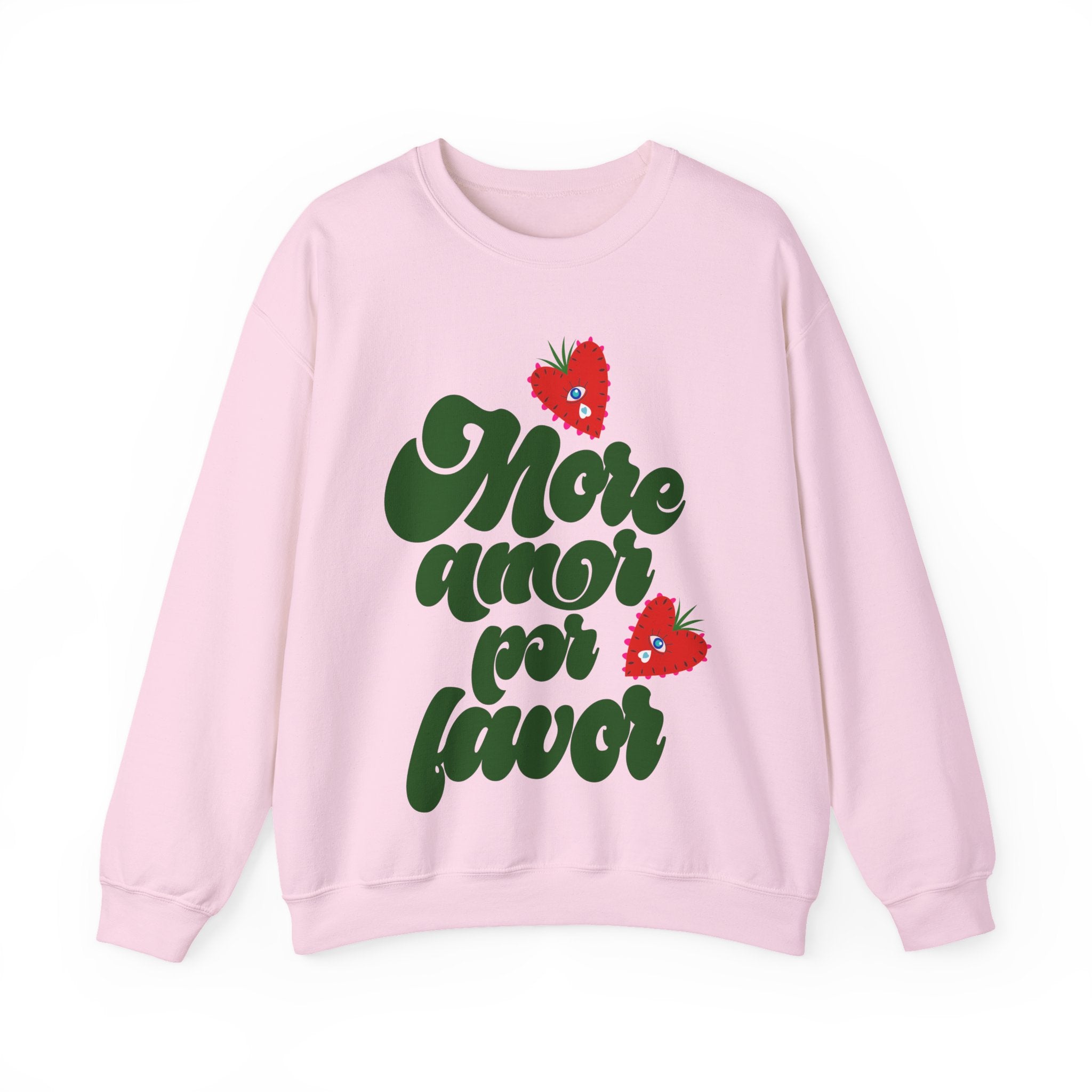 Crewneck Sweatshirt — "More Amor Por Favor" Retro Script with Heart Strawberries