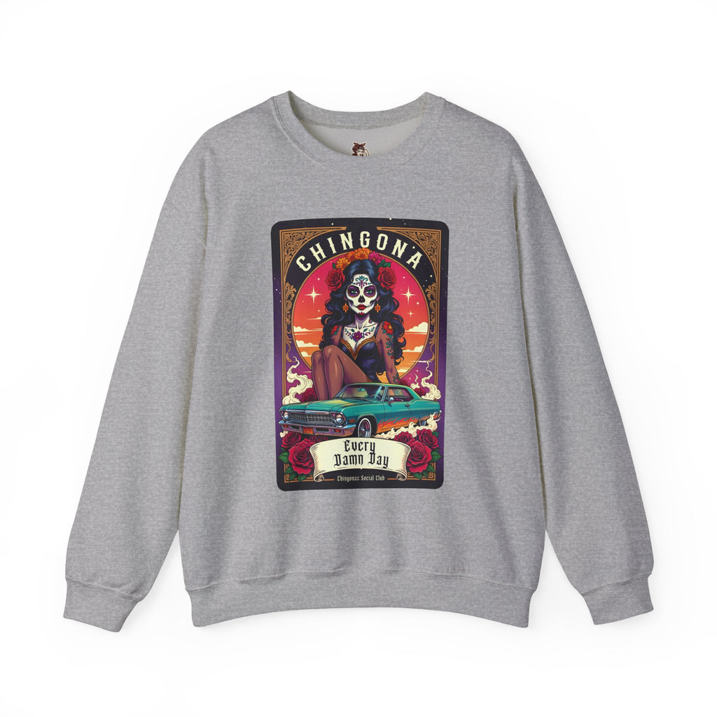 Sweatshirt — "Chingona" Sugar Skull Car Art Crewneck, Dia de los Muertos Retro Graphic