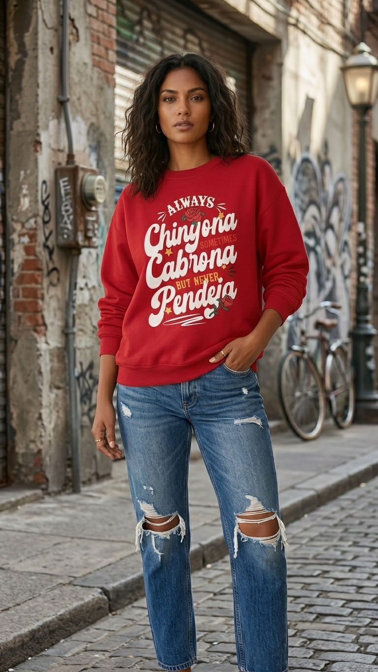 crewneck sweatshirt with Always Chingona Sometimes Cabrona floral graphic in vintage style.