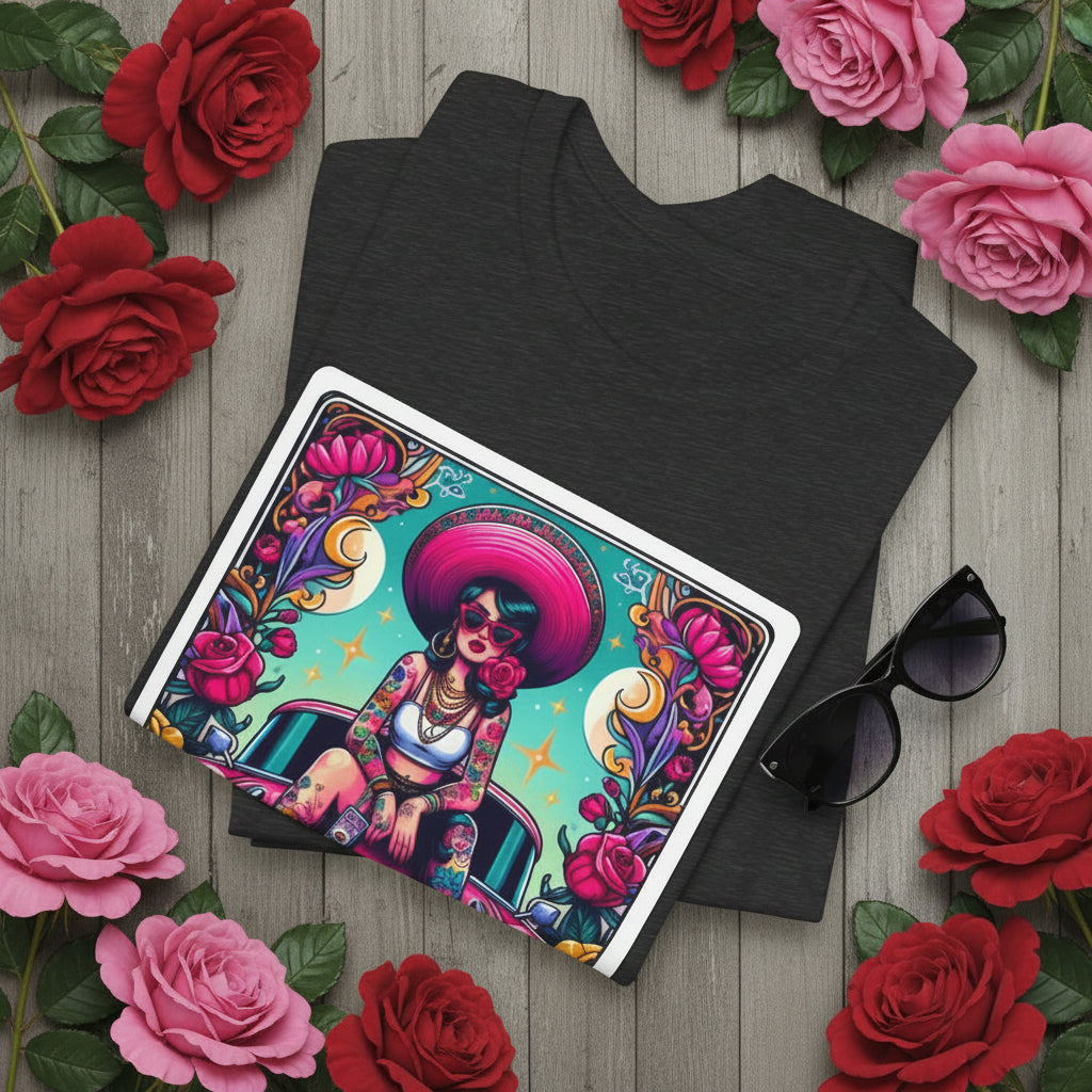 Vintage lowrider car culture design with a Chicana Catrina wearing a wide hat on a Bella Canvas 3001 t-shirt.