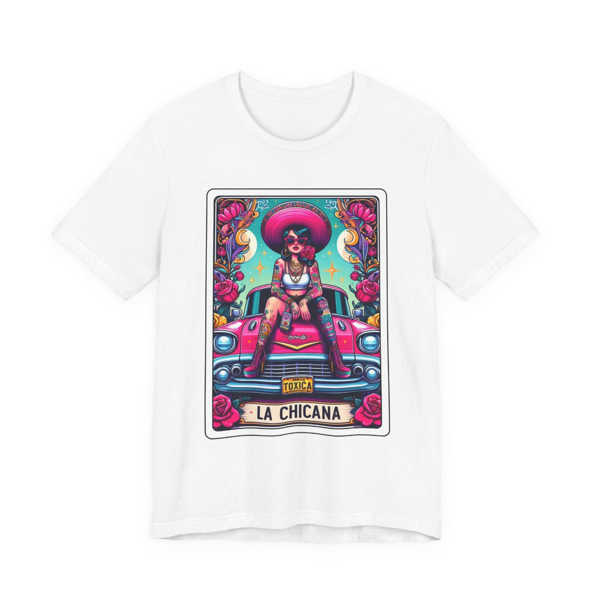 Vintage lowrider car culture design with a Chicana Catrina wearing a wide hat on a Bella Canvas 3001 t-shirt.