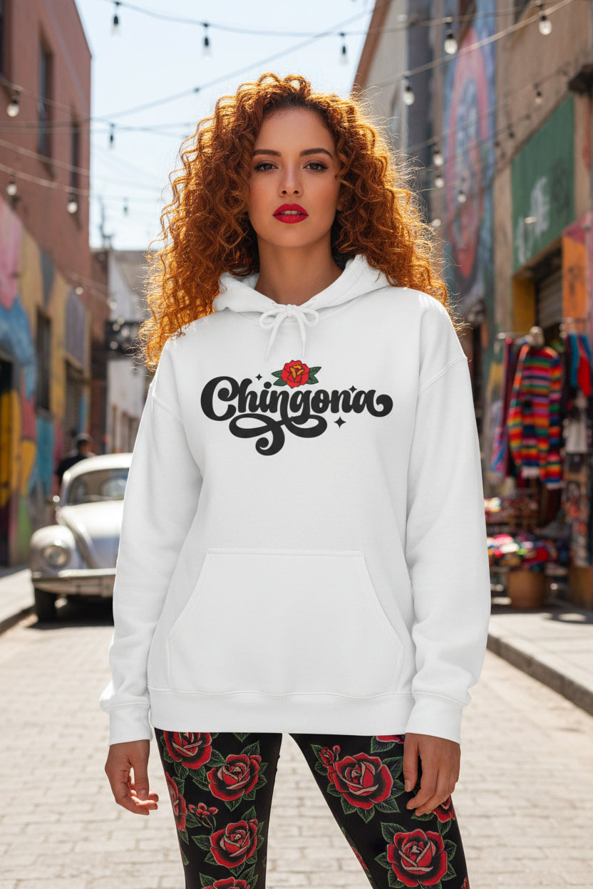 Chingona Hoodie – Script Logo with Rose, Bold Latina Pride Pullover