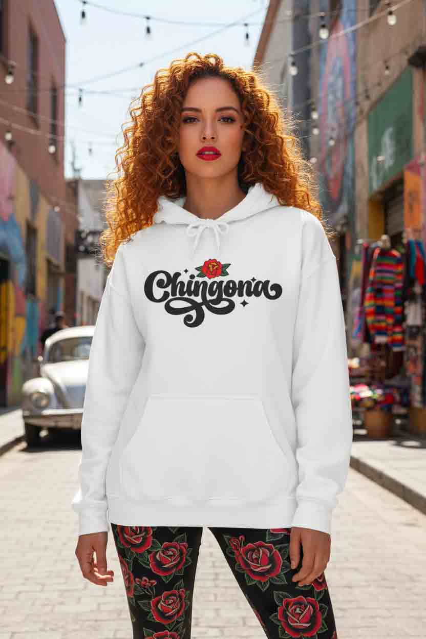 Chingona Mexican hoodie sport grey - bold rose script Latina pride gift sweatshirt