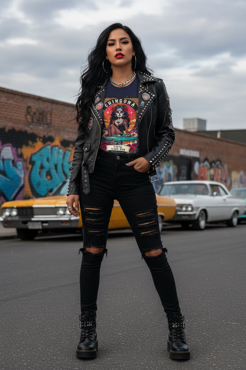 Chingona Every Damn Day Mexican Loteria graphic t-shirt with catrina and lowrider car