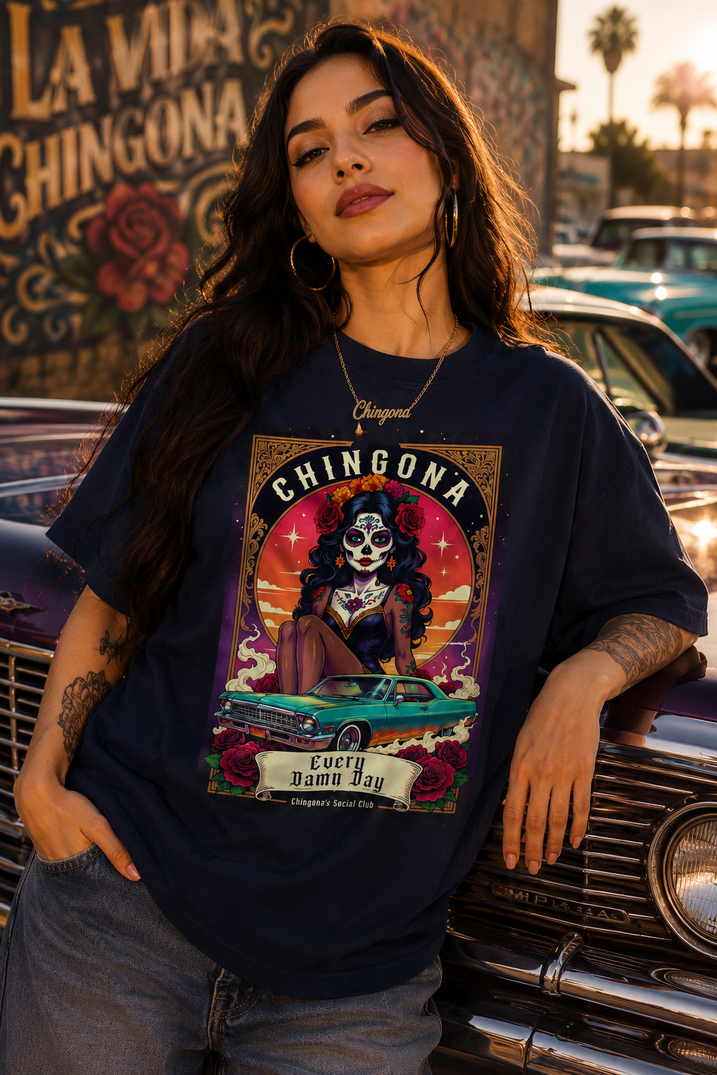 Chingona Every Damn Day Mexican Loteria graphic t-shirt with catrina and lowrider car