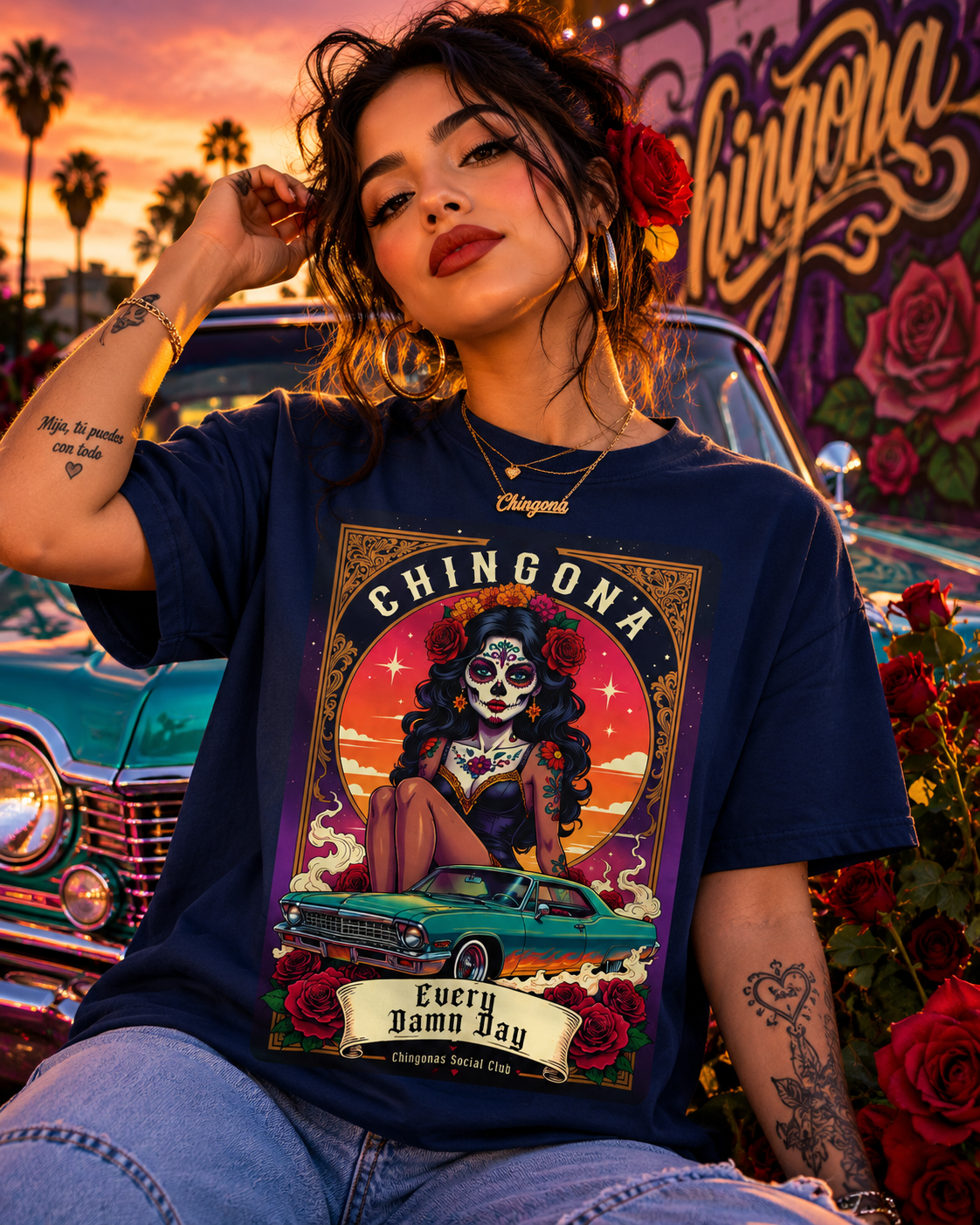 Chingona Every Damn Day Mexican Loteria graphic t-shirt with catrina and lowrider car