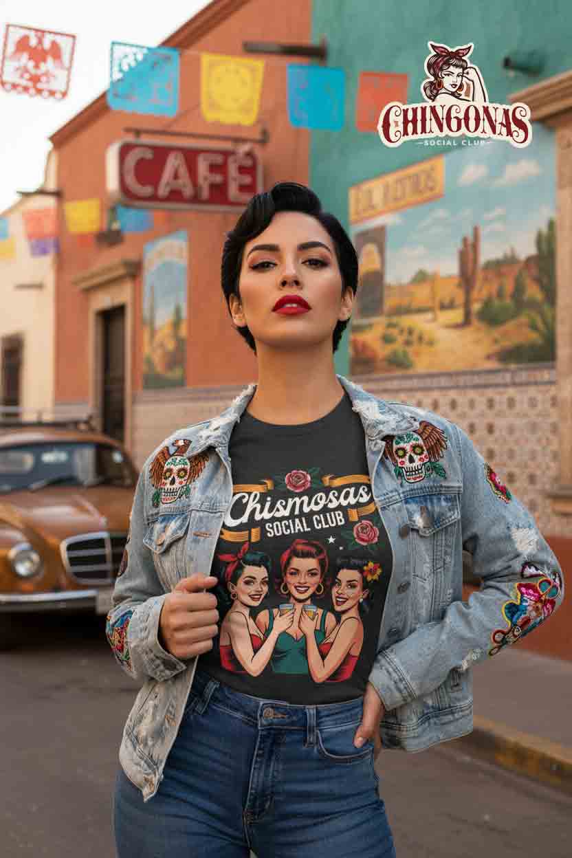 T-shirt featuring three vintage-style pin-up women toasting with small glasses under the text Chismosas Social Club and red roses.