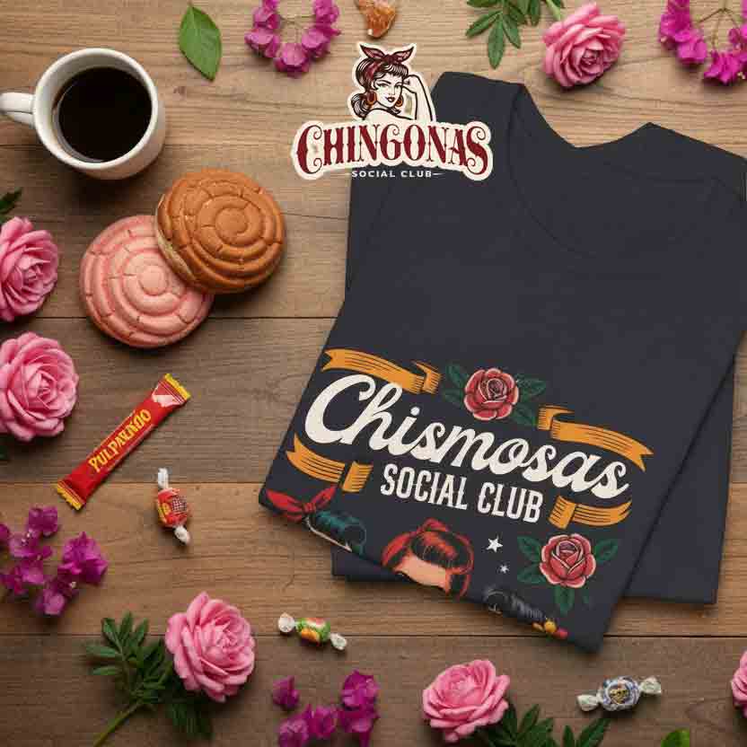 T-shirt featuring three vintage-style pin-up women toasting with small glasses under the text Chismosas Social Club and red roses.