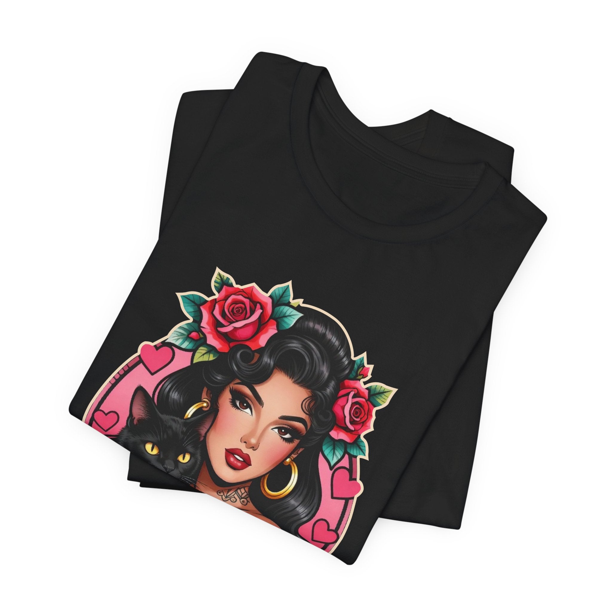 Latina model wearing a grey Gatos Before Vatos shirt with a tattooed woman and black cat illustration.