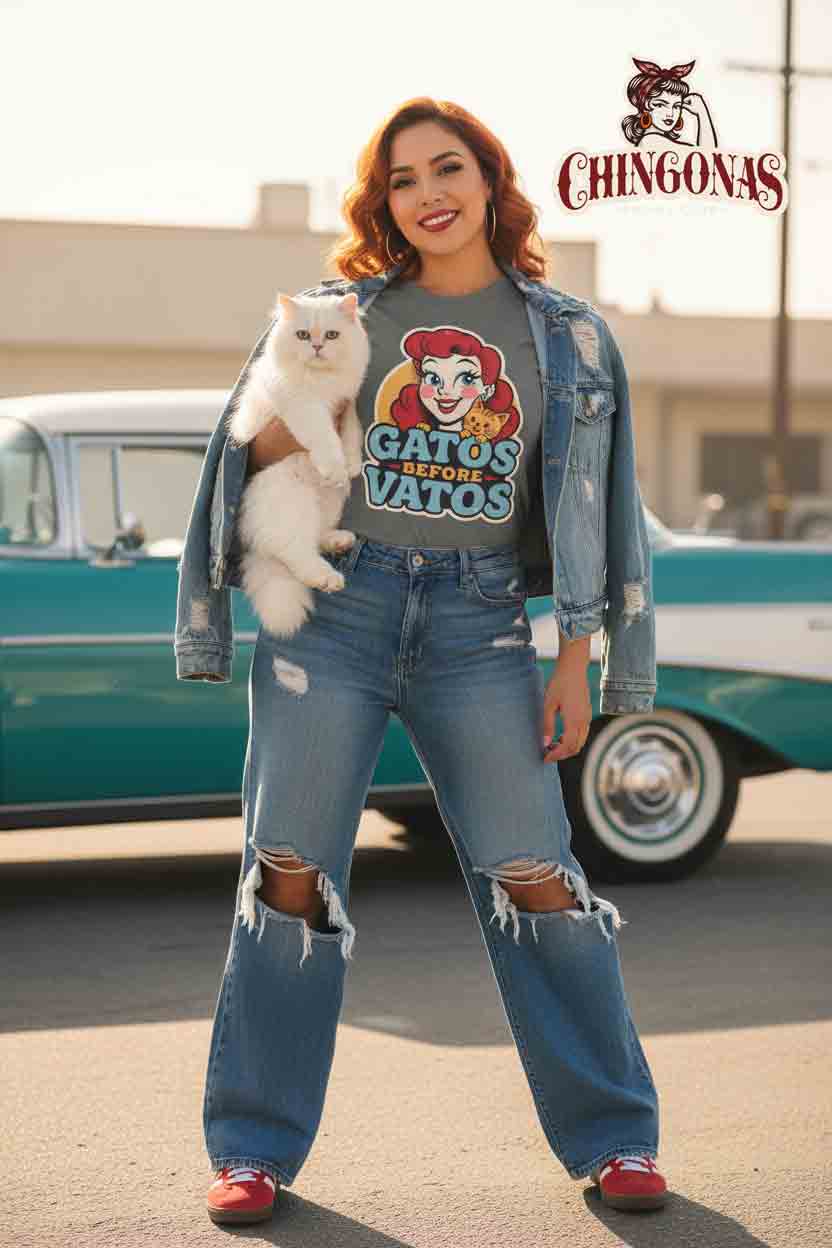 Gatos Before Vatos shirt in pepper Comfort Colors - retro Latina cat lover tee
