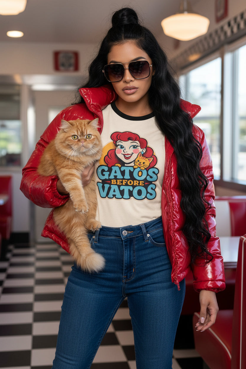 Funny Mexican cat ringer tee - Gatos Before Vatos retro contrast collar graphic shirt