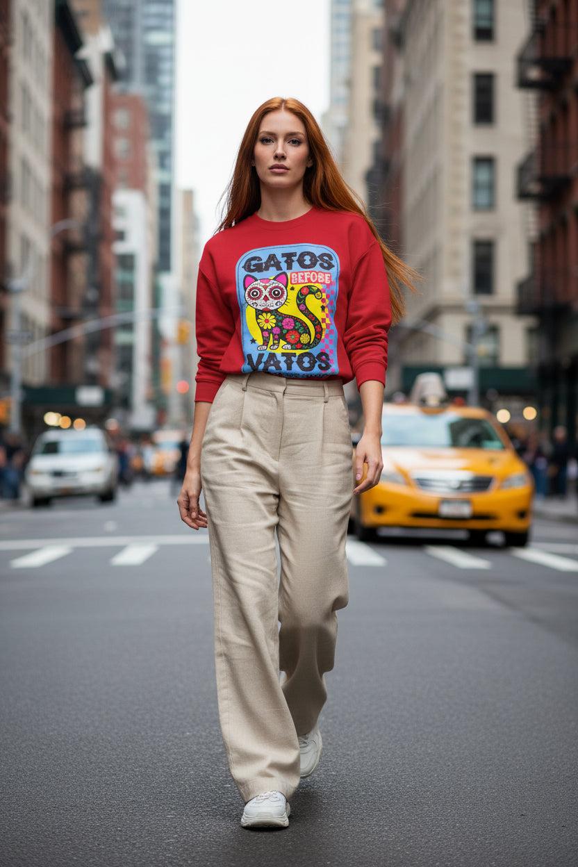 Gato Before Vato Crewneck Sweatshirt — Colorful Day of the Dead Cat Graphic