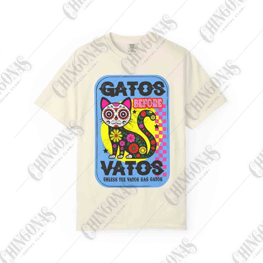 t-shirt featuring a colorful Day of the Dead cat with flowers and the phrase Gato Before Vato.