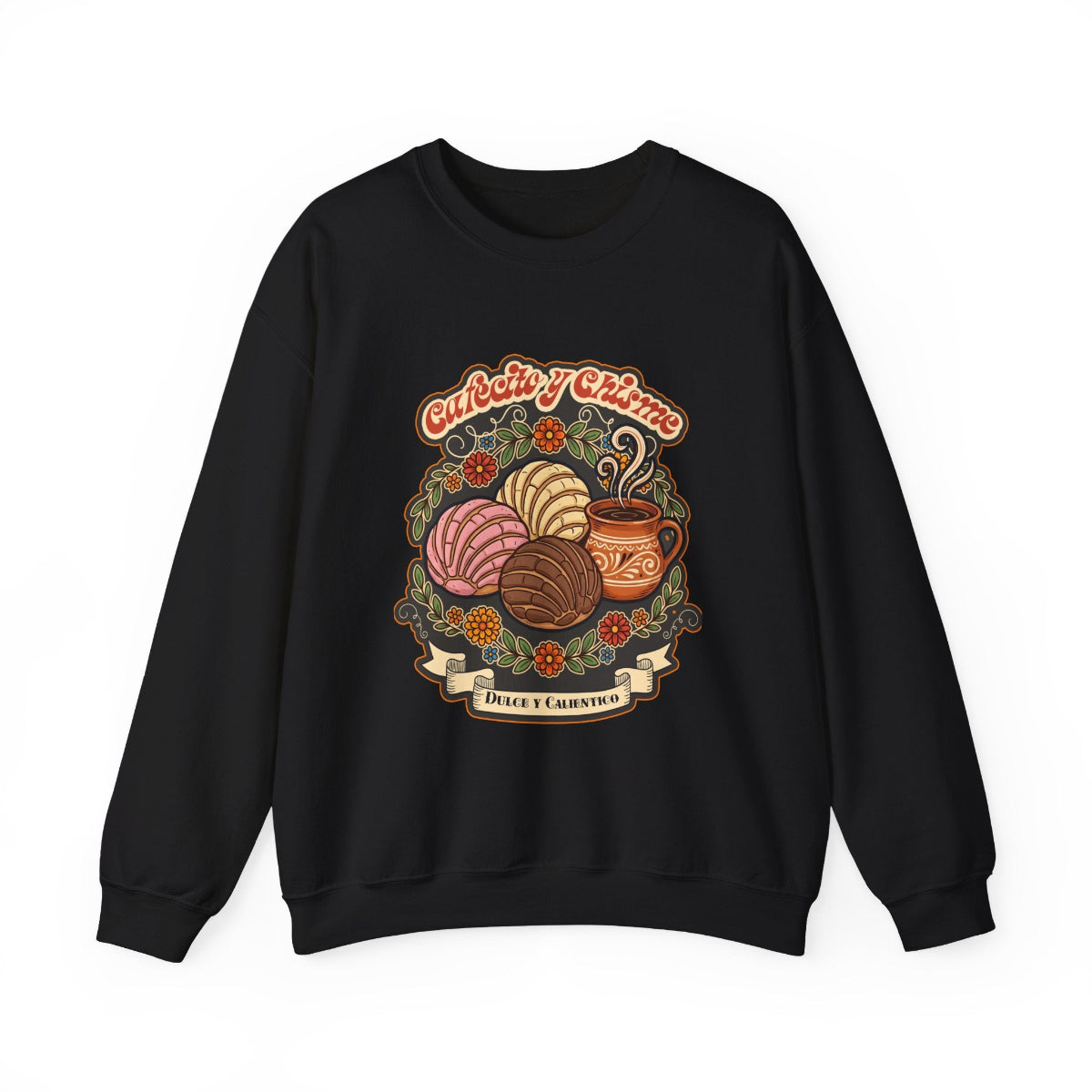 A comfortable cream-colored crewneck sweatshirt featuring a retro Mexican design depicting a steaming cup of Mexican coffee, surrounded by Mexican sweet breads, all with a “Cafecito y Chisme” twist.
