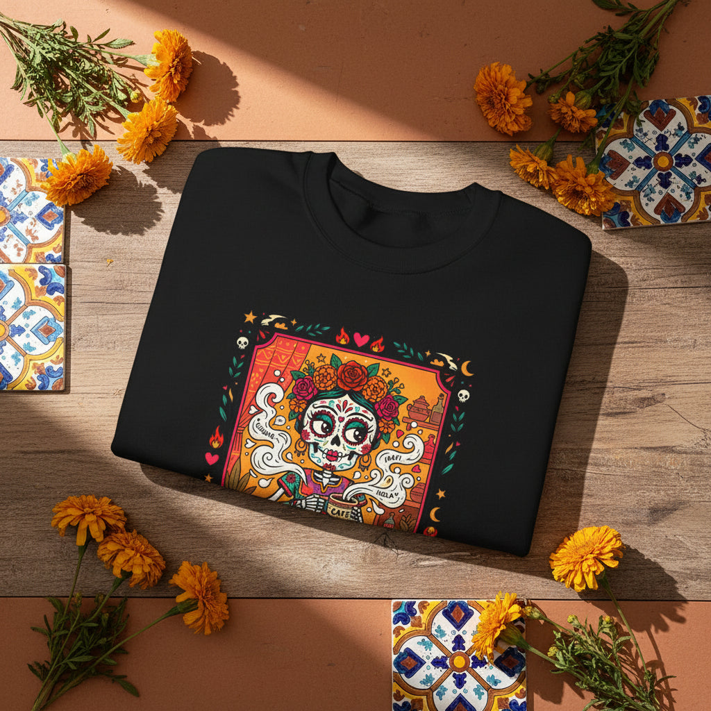 La Chismosa text and a sugar skull calavera with flowers in a vintage loteria graphic style on a premium black crewneck sweatshirt.