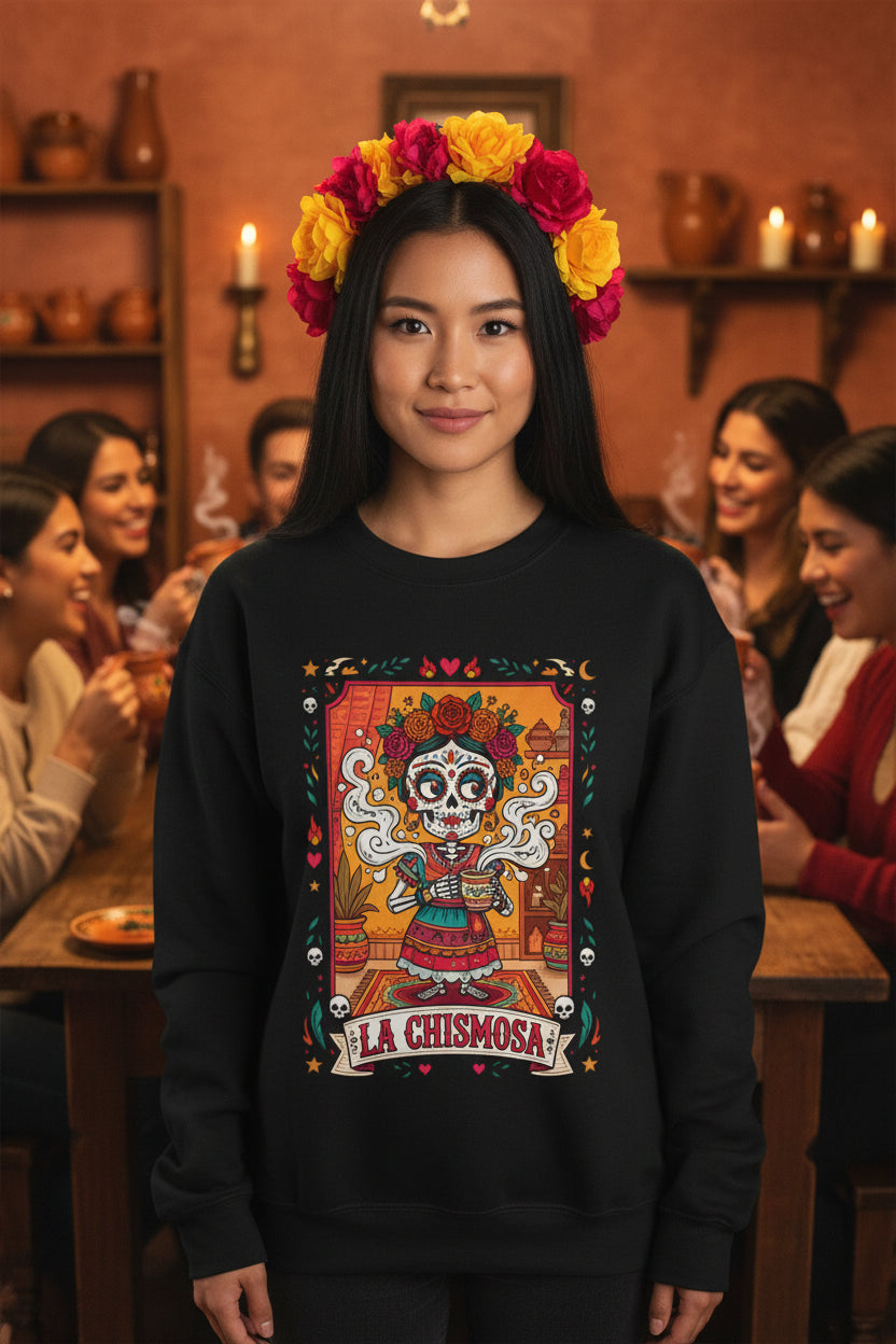 La Chismosa text and a sugar skull calavera with flowers in a vintage loteria graphic style on a premium black crewneck sweatshirt.